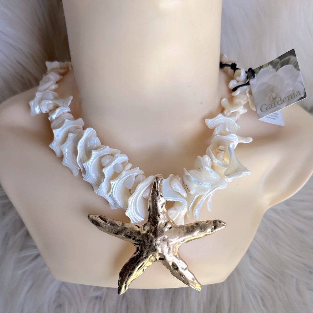 GARDENIA White Shell Necklace with Gold Starfish Pendant/ HANDMADE